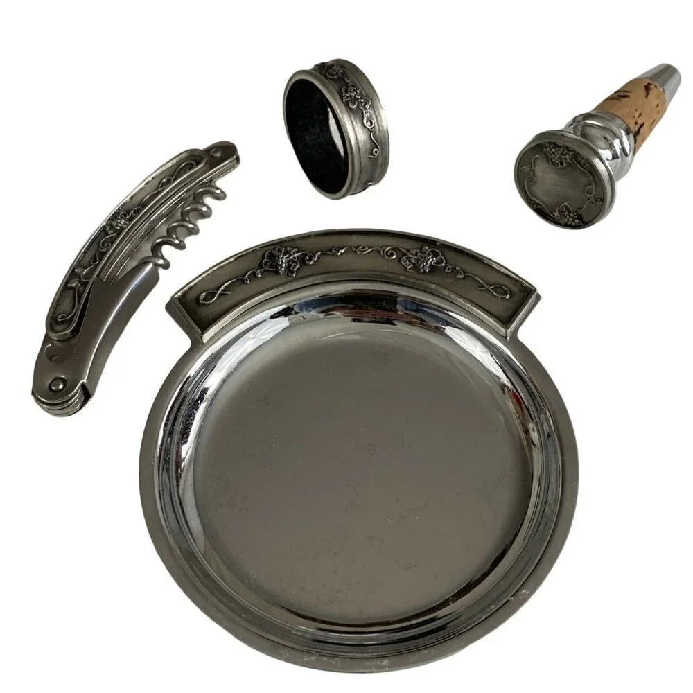 VTG 90s Grapevine Wine Accessory Set 4pc Corkscrew Stopper Drip Ring Coaster Box